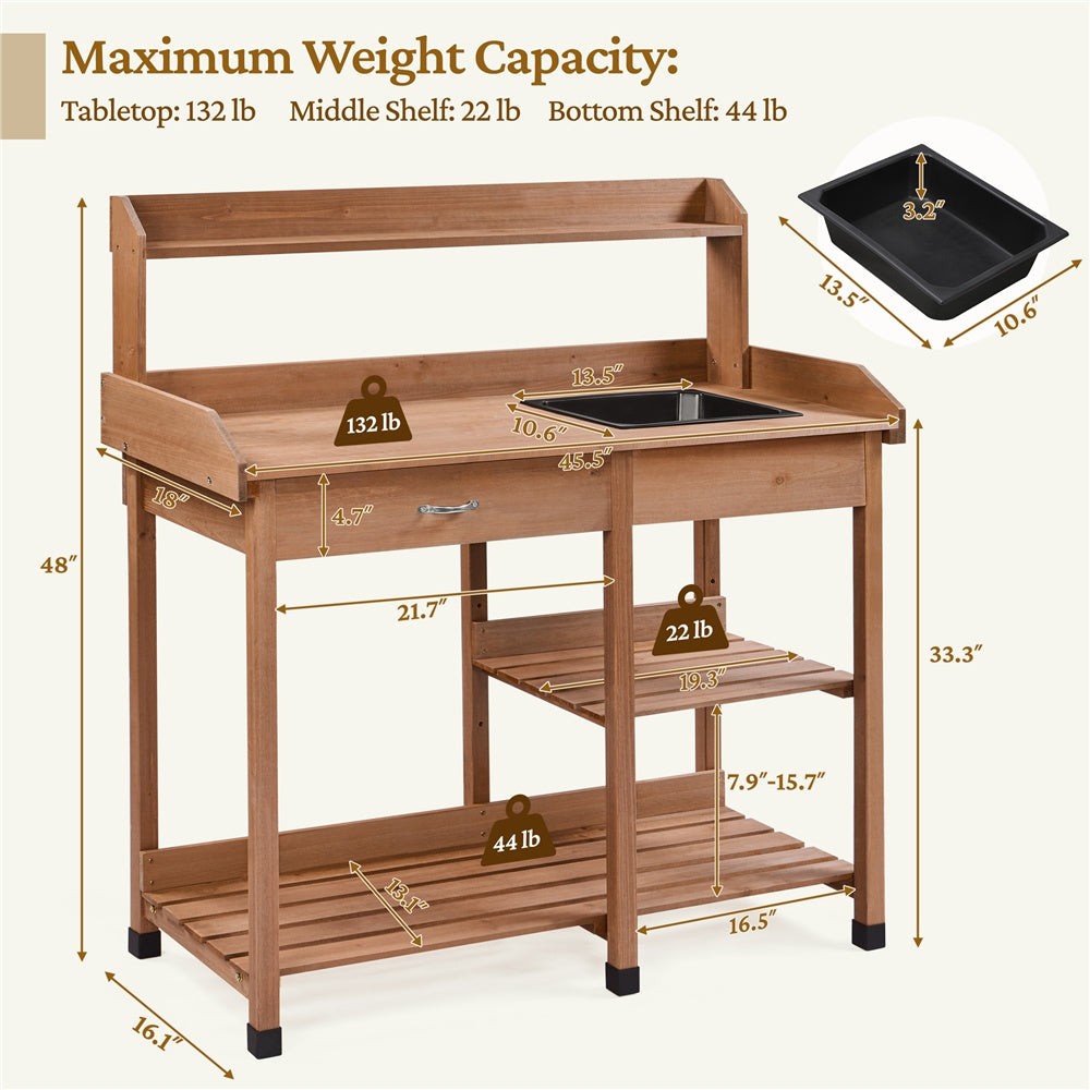 Garden Potting Table 4-Tier with Removable Sink, Adjustable Shelf, Drawer & Side Hooks, Outdoor Planter Stand for Yard Greenh