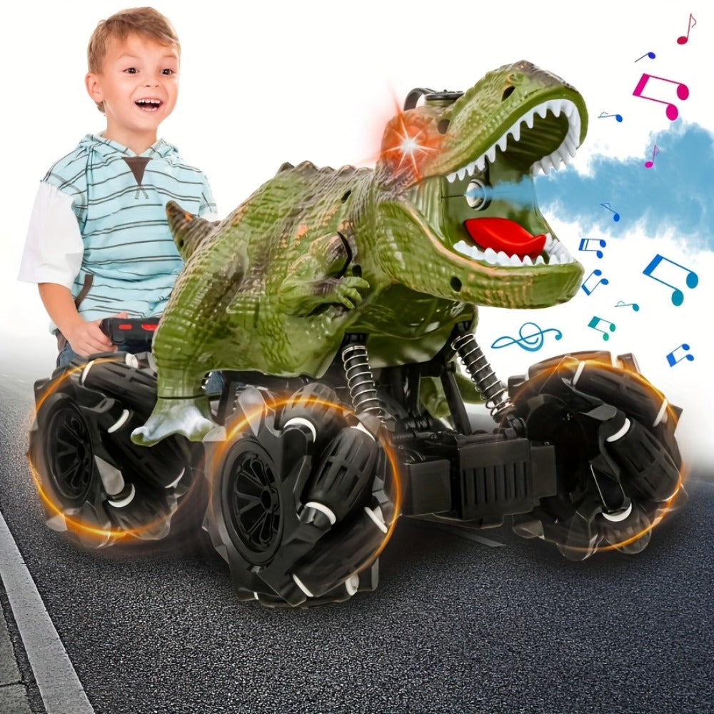 RC Monster Truck Dinosaur 2.4GHz 4WD Off-Road Remote Control Car with LED Lights Music Large Tires All-Terrain Stunt Vehicle 