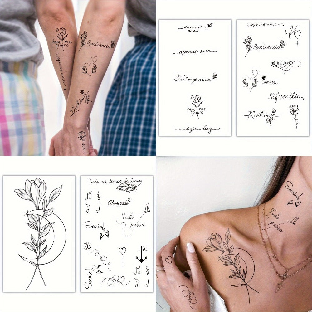 Temporary Tattoos, 30-Sheet Floral and Letter Set with Black Linework Designs for Face, Neck, Arm and Wrist — image 3
