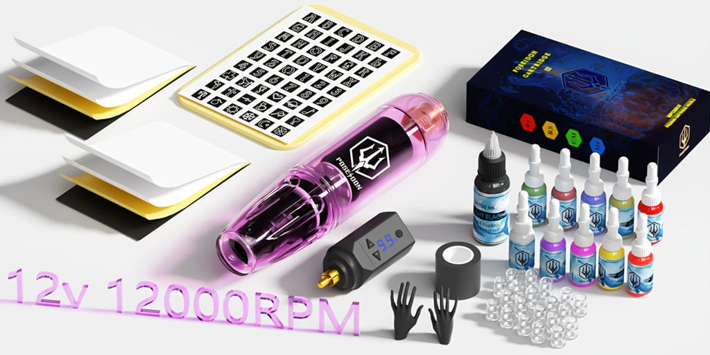 Tattoo Machine Kit POSEIDON TK039 Cordless Rotary Pen with LED Display, 20 Cartridges, 10 Inks and Practice Supplies — image 