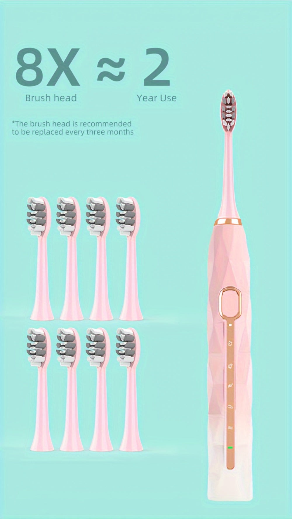 IPX8 Sonic Electric Toothbrush with 8 Replacement Brush Heads – Metal Shaft, USB Rechargeable 500mAh, Travel Case & Holder — 