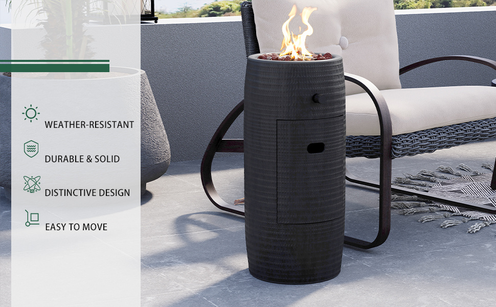 Propane Fire Pit Portable 11 Inch Outdoor 15000 BTU Self-Lighting Metal Concrete All-Weather Round Patio for Garden, Patio an