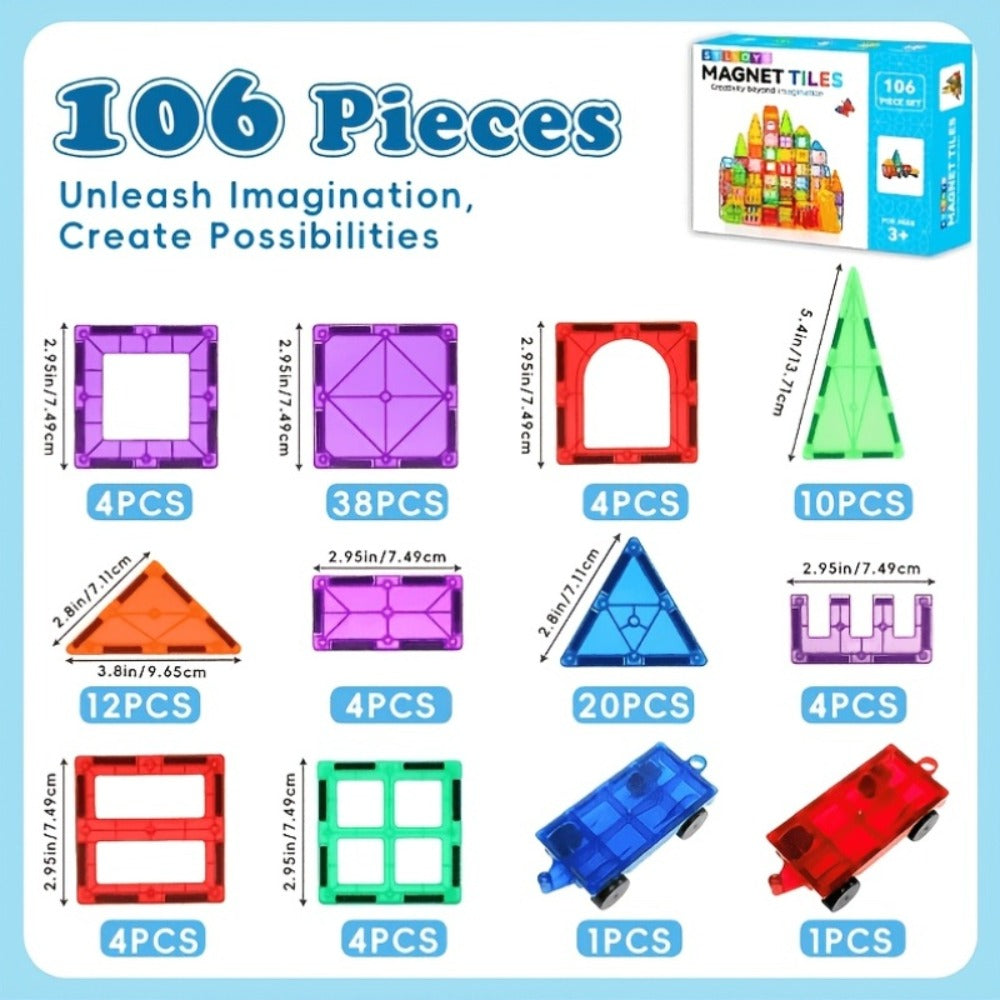 Magnetic Tiles Building Sets in 80, 106 or 136-Piece Options with Multicolor Translucent Shapes and Vehicle Bases — image 7