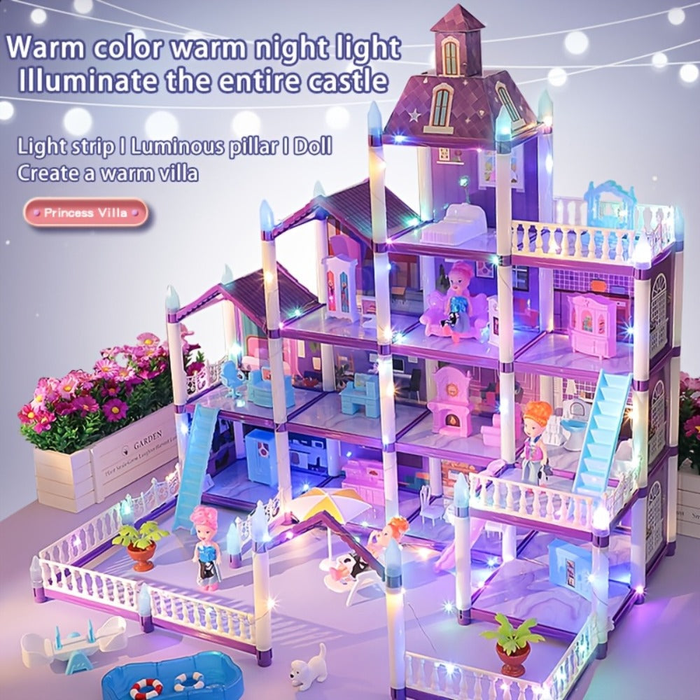 LED Dollhouse Playset for Girls, Purple Multi-Room Playhouse with Doll Figures, Puppies, Furniture & LED Lighting — image 2