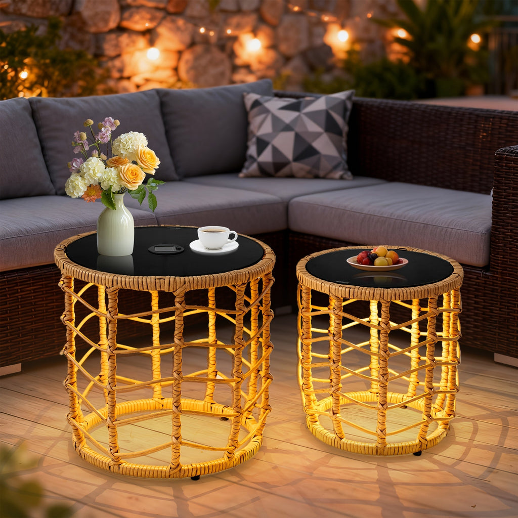 Outdoor Side Tables for Patio, Set of 2 Nesting PE Wicker Frames with Tempered Glass Tops for Patio or Balcony Layouts — imag
