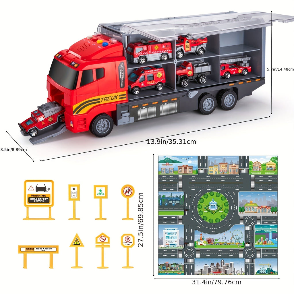 Fire Truck Toy Set for Kids Ages 3-6, Die-Cast Metal Carrier Truck with Play Mat, Emergency Vehicle Collection — image 12