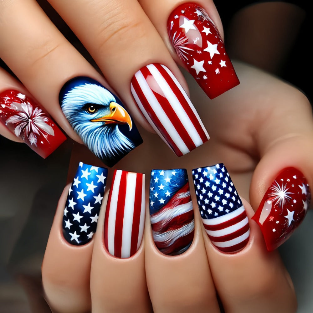Press On Nails 216-Piece Medium Coffin Nine-Pack Red White Blue Stars and Stripes Patriotic Set — image 11