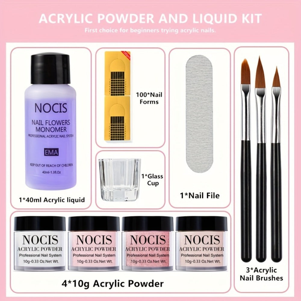Acrylic Nail Kit NOCIS Four 10g Light Neutral Powders with Liquid Monomer, Three Brushes, File and Mixing Cup — image 12