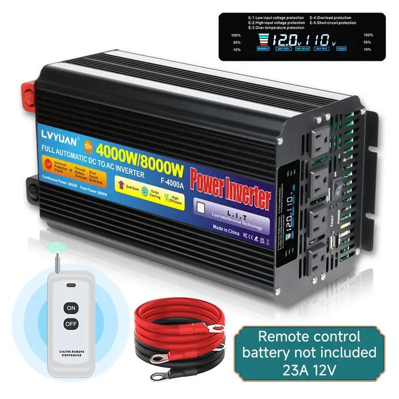 Pure Sine Wave Power Inverter 4000W 8000W Peak DC 12V to AC 110V with LCD Display Remote Control 4 AC for Garden, Patio and Y