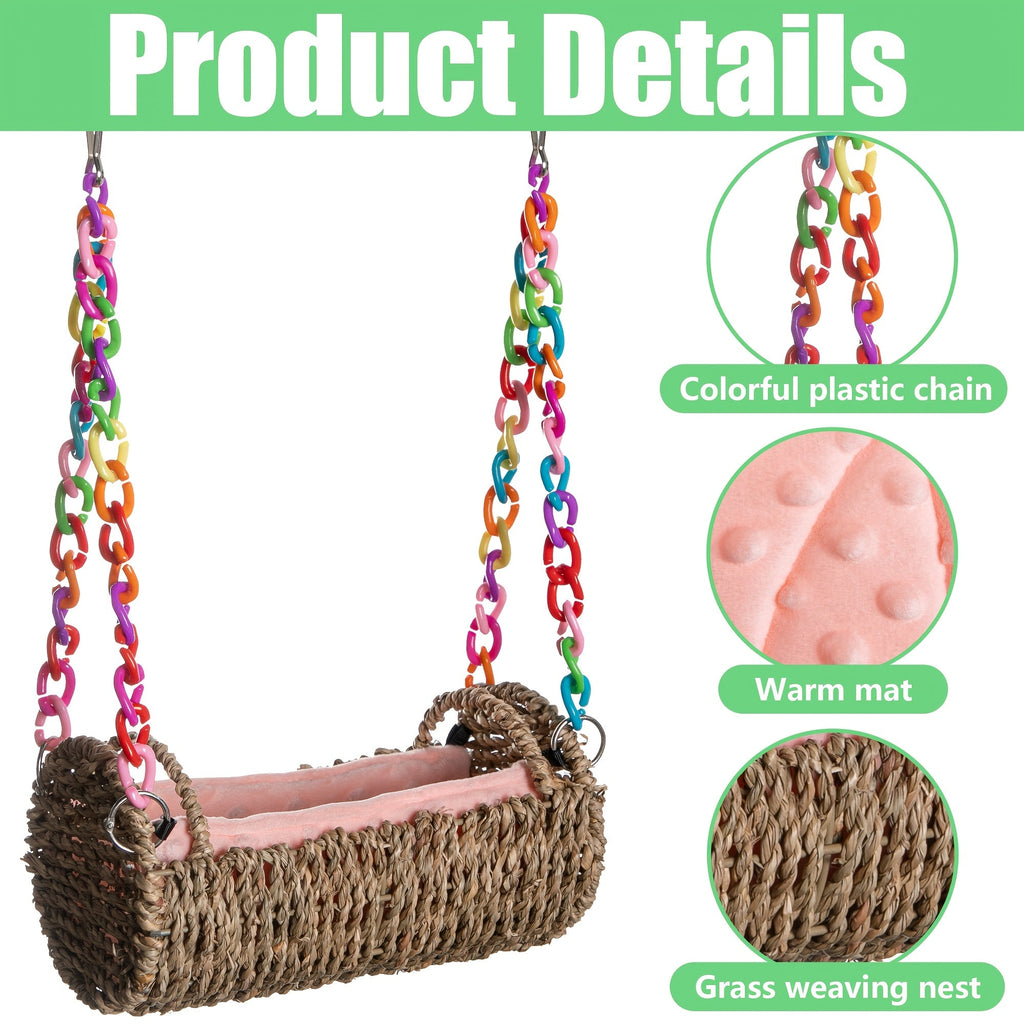 Rattan Hanging Bird Nest and Swing with Removable Mat and Choice of Natural Rope or Colorful Chain — image 3