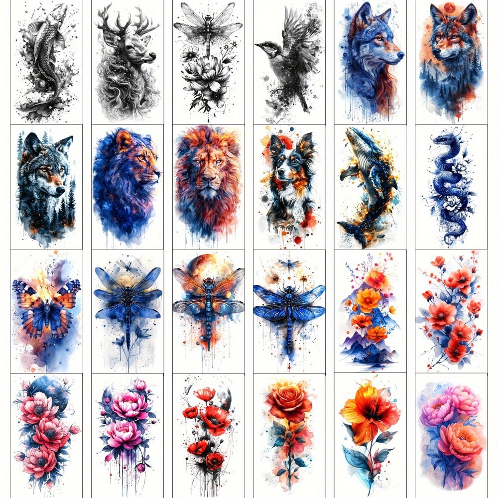 24-Sheet Watercolor Temporary Tattoo Set with Floral, Animal and Abstract Designs in 21 x 12 cm Format — image 4