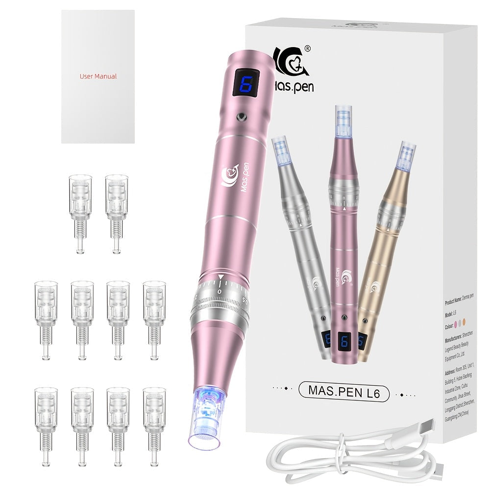 L6 Pink Microneedling Pen Kit with 10 Replacement Tips, Six Speed Levels and USB Charging Cable — image 12