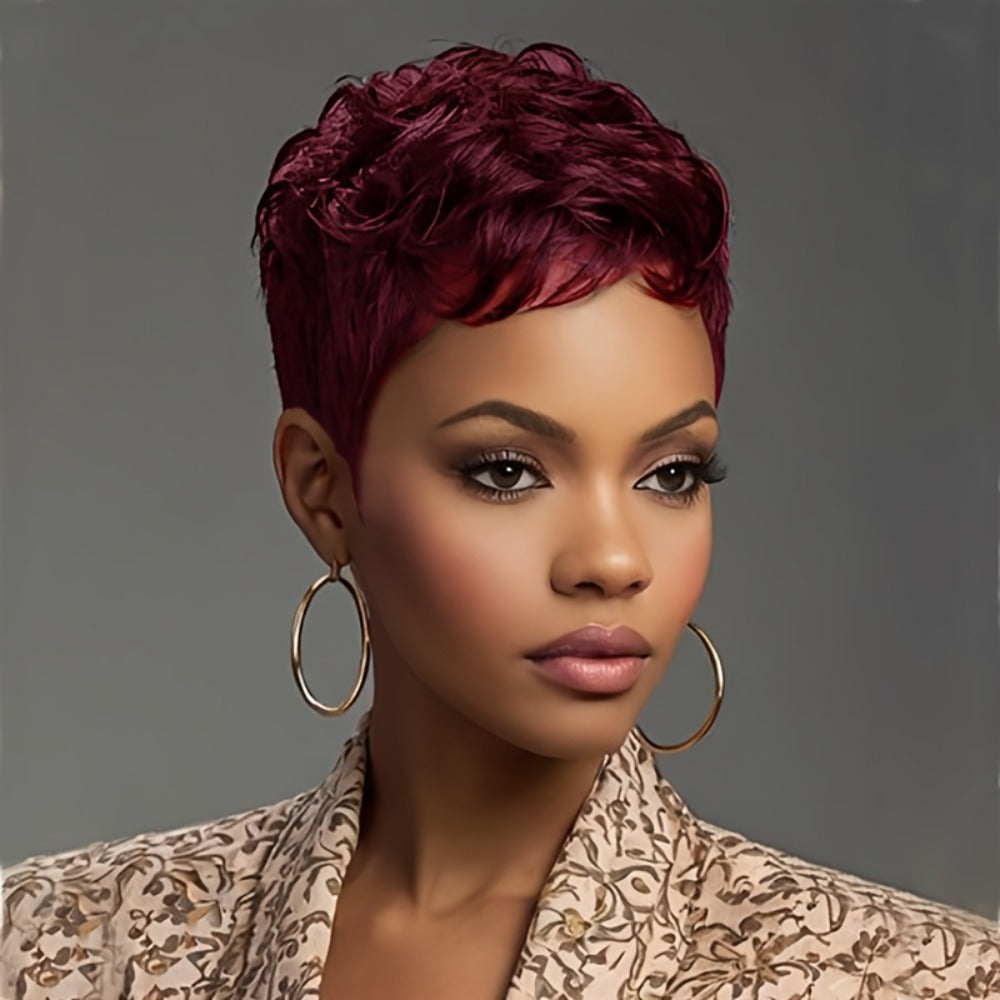 Layered Pixie Wig with Bangs Body Wave Rose Net Cap 4 Inch Synthetic Multi Color Black Burgundy Brown Red for Women Low Maint