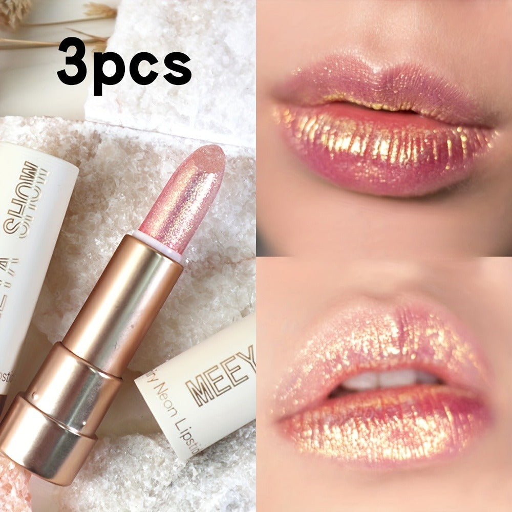 Glitter Shimmer Lipstick Set 3Pcs Pearlescent Pinkish Golden Creamy Glossy Sparkle Lip Gloss Lip Makeup for Party Stage Cospl