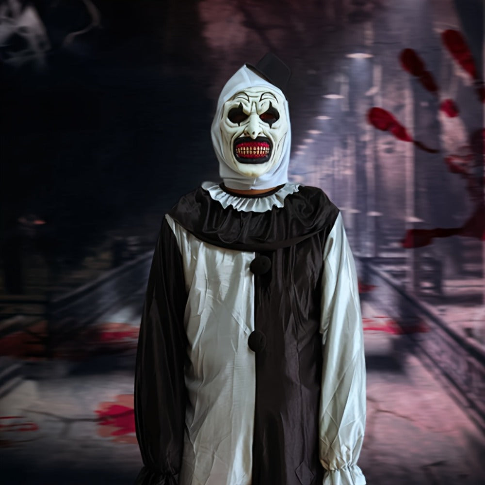White Horror Clown Costume Mask with Full-Head Latex-Style Hood, Red Teeth and Attached Black Hat — image 5