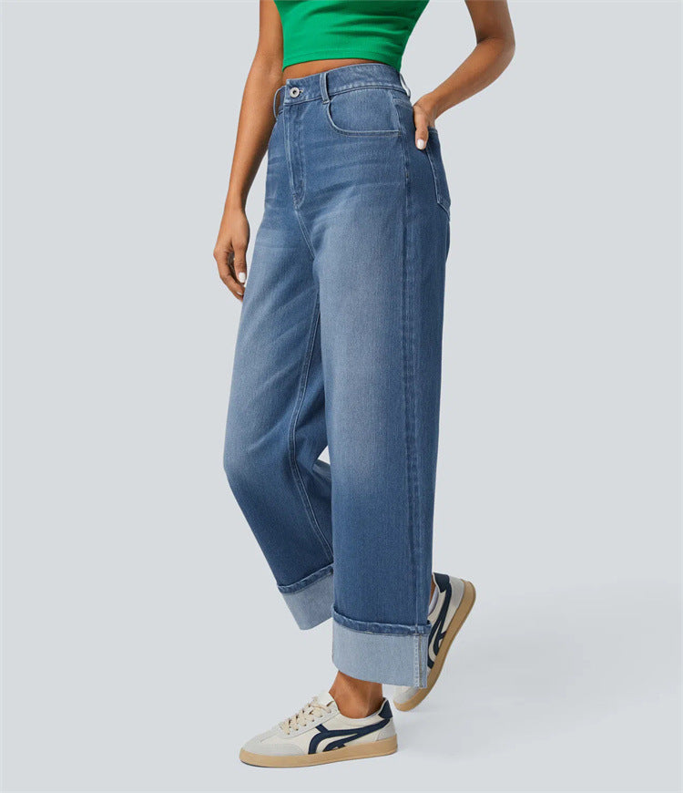 High-waisted Trousers-foot Curling Straight Jeans