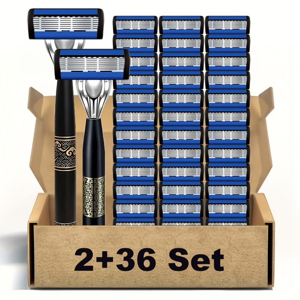 Men's Razor Set with Stainless Steel Replacement Blades – Reusable Handle & High-Capacity Blade Kit for Smooth Close Shave — 