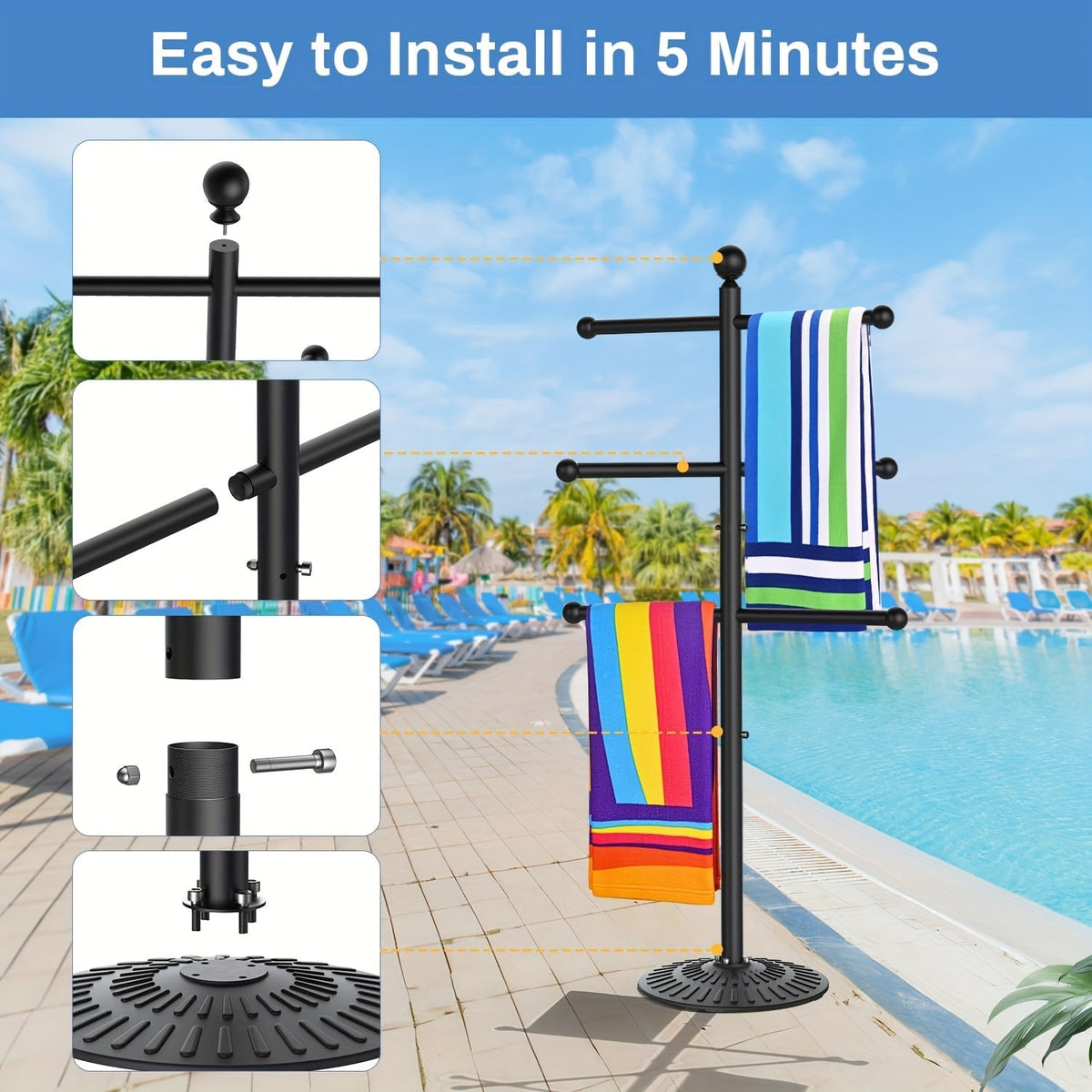 Pool Towel Rack Freestanding Outdoor – 3-Bar Iron Towel Stand with Hooks, Windproof Wide Base, No Sand Needed — image 3