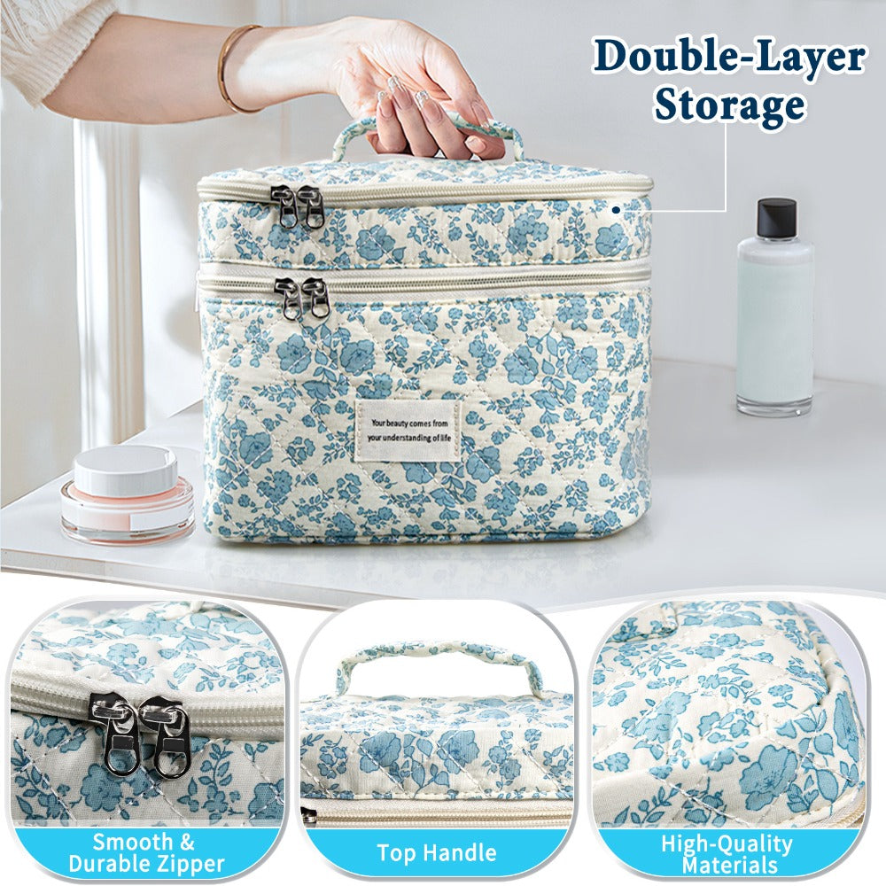 Quilted Floral Makeup Bag Set 3PCS Large Capacity Dual Layer Cotton Cosmetic Bags Coquette Aesthetic Travel Toiletry Organize