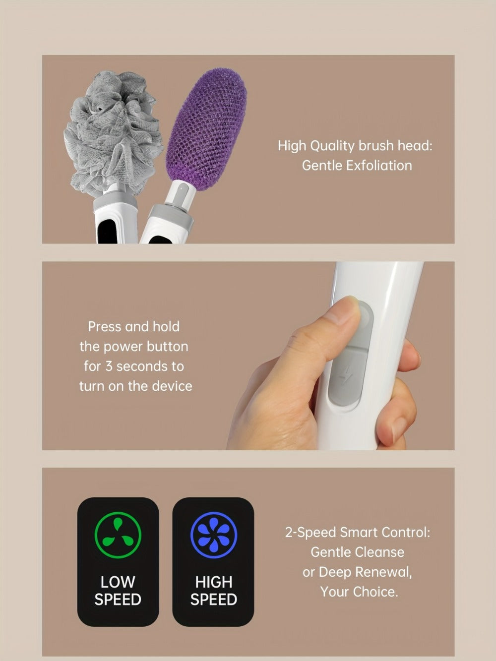 Electric Body Scrubber Brush 3 Replaceable Heads Dual Speed Shower Back Cleaner Exfoliating Skin Cleansing for Home or Salon 