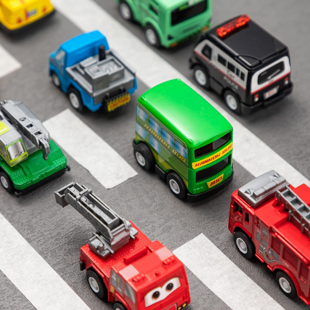 18-Piece Pull Back Mini Cars Set for Kids, City Vehicles Fire Truck Police Car School Bus Freight Train — image 9