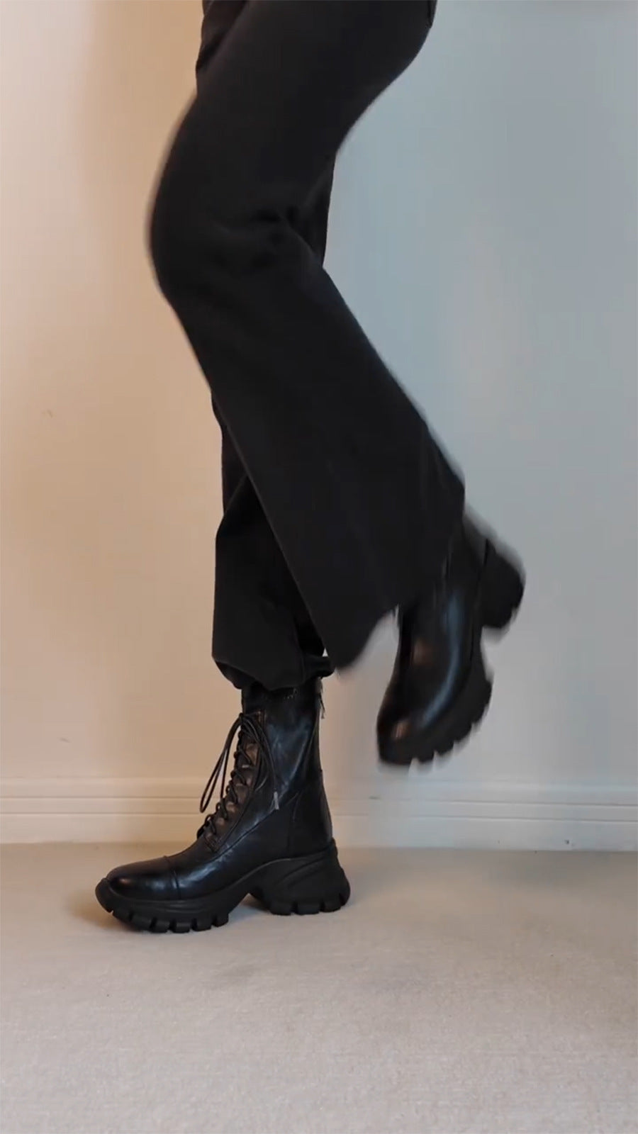 New Stylish Versatile Black Thick-soled Back Zipper Lace-up Motorcycle Boots