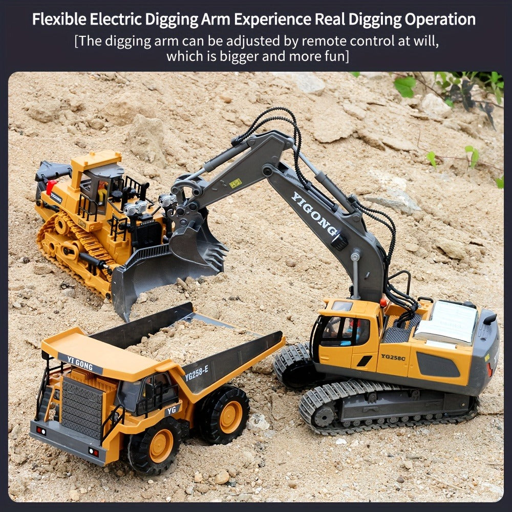 RC Excavator Toy 1:24 Scale 2.4GHz 9-Channel Remote Control with Alloy Metal Cap Lights & Sound Rechargeable Battery — image 