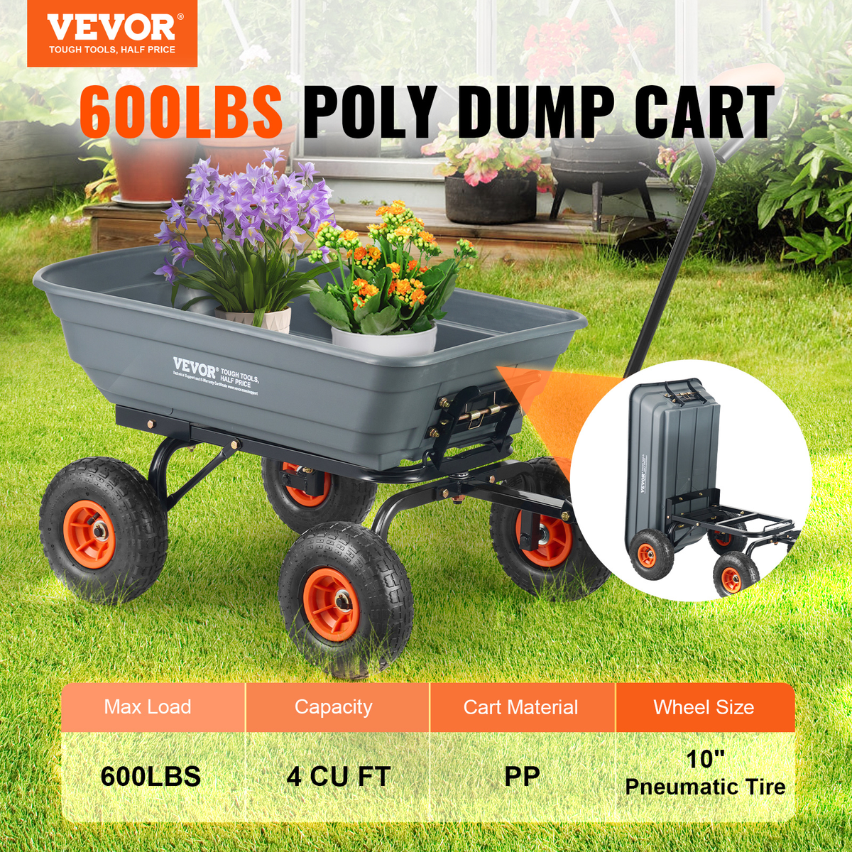 Garden Dump Cart Convertible Flatbed Utility Wheelbarrow with 2-in-1 Handle, Removable Side Panels — image 17