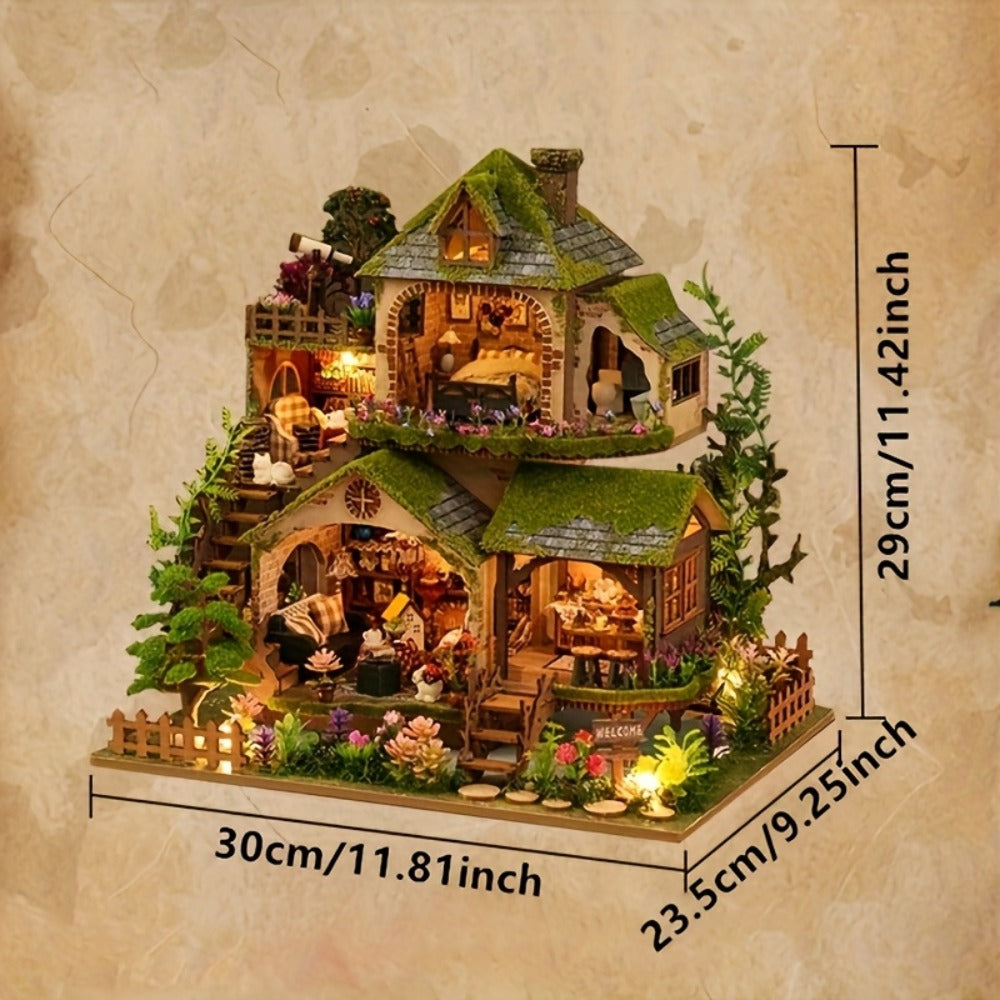 Wooden Forest Hut Miniature Model Kit with Multi-Level Cabin Scene, Lighting Details and Forest Adventures Label — image 3