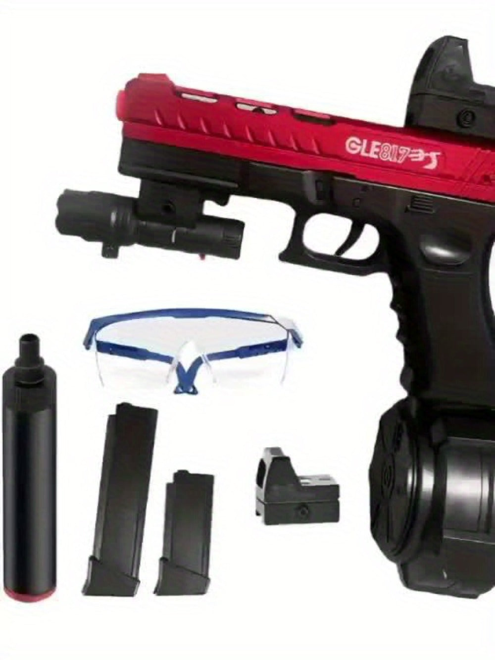 Compact Red-and-Black Electric Gel Blaster Set with Drum, Two Magazines, Sight, Goggles and USB Cable — image 8