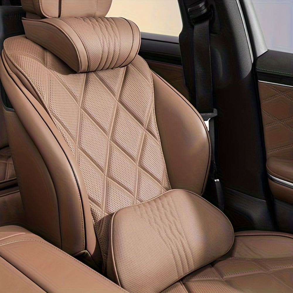 Car Neck Pillow Nappa Leather Headrest – Memory Foam Lumbar Support with Embroidery, All-Season Universal Car Interior Access