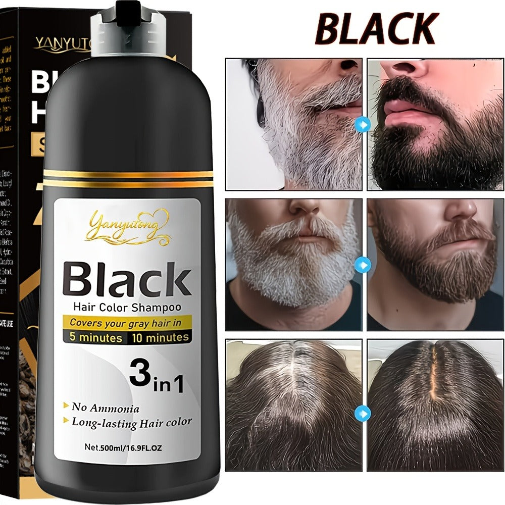 Hair Dye Shampoo, YANYUTONG 500ml Black 3-in-1 Pump Bottle for Hair and Beard Color Application — image 2