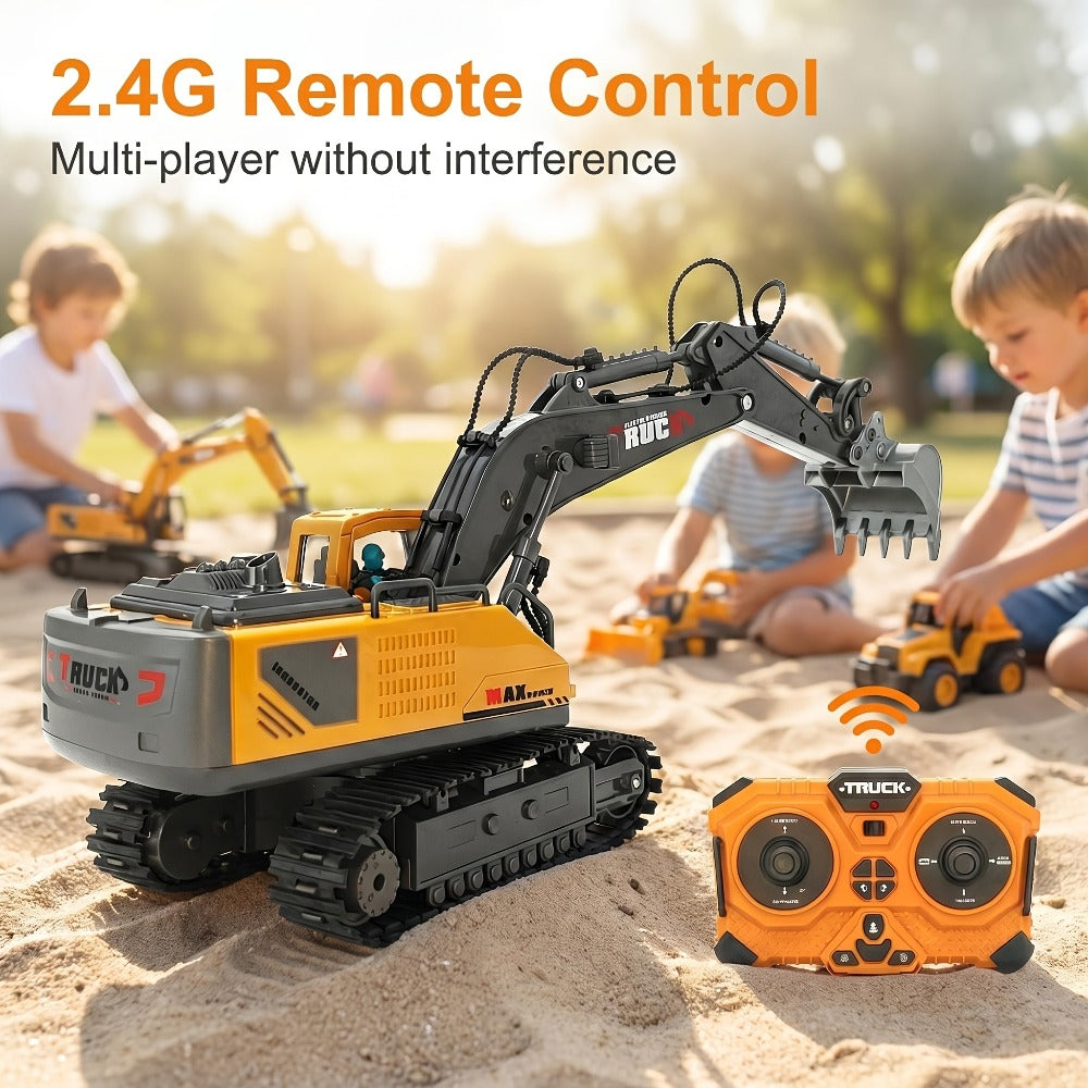 RC Excavator Toy for Kids Track Type 2.4GHz, 1200mAh Rechargeable Remote Control Construction Truck with Metal Shovel & LED L