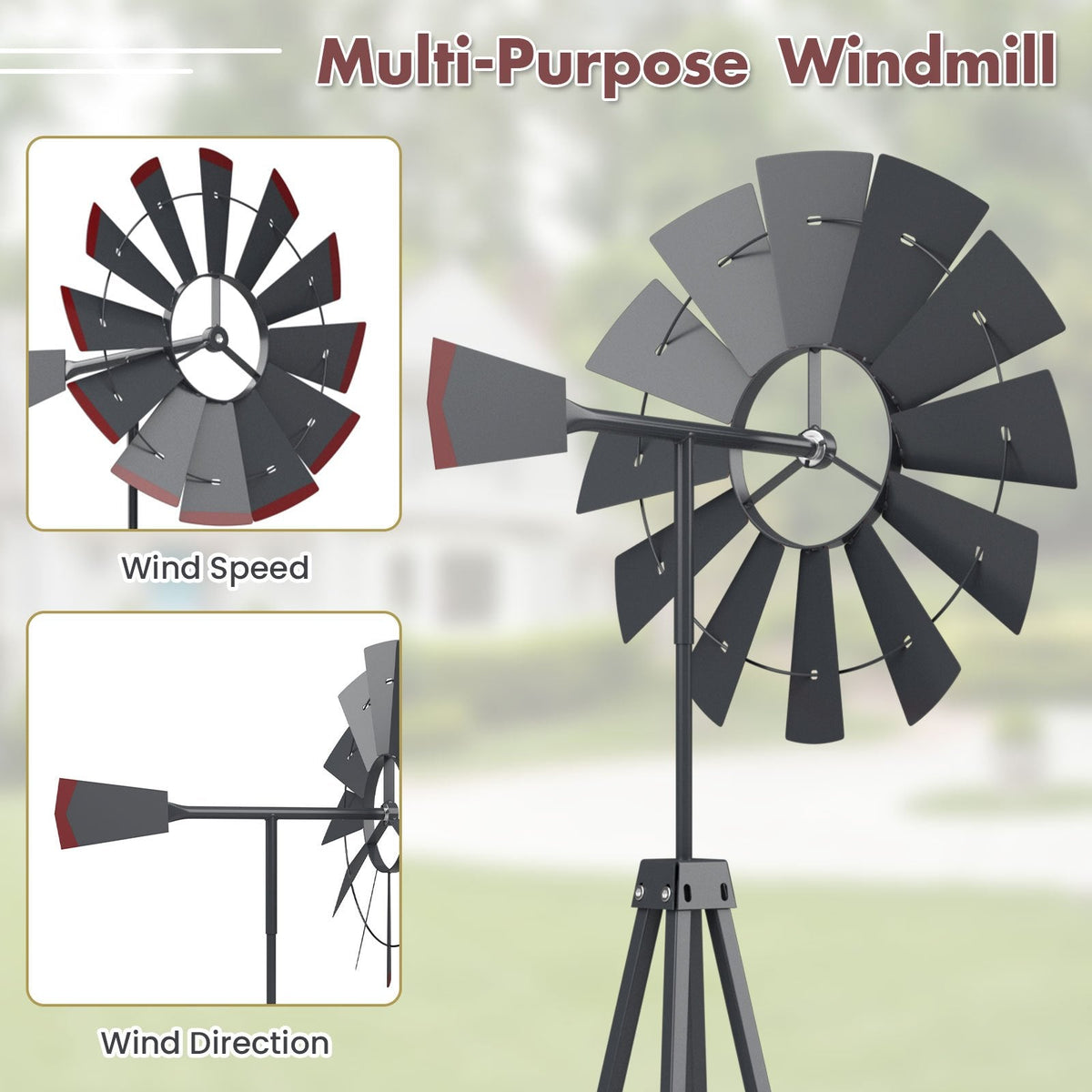 Decorative Windmill 8 ft Metal Outdoor Garden Windmill with Weathervane 4 Ground Stakes All-Weather for Garden, Patio and Yar