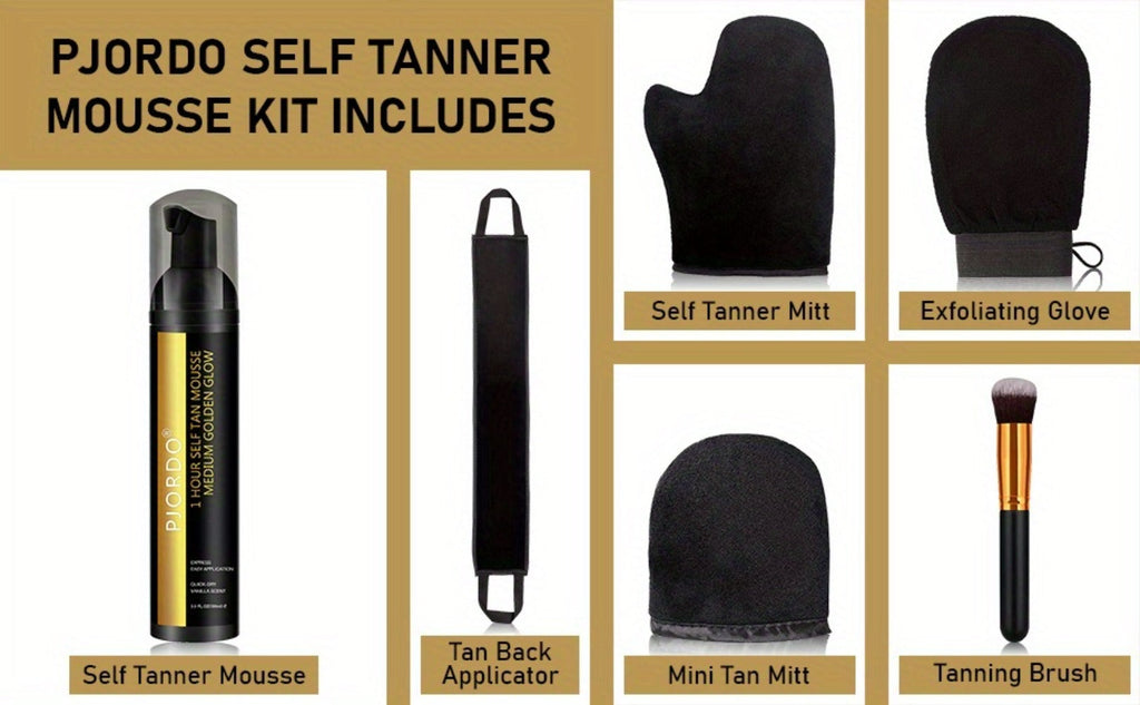 Sunless Tanning Mousse Kit 6-Piece Set with Mitt Applicator – Self Tanner Foam 1 Hour Fast Tan No Fake Smell — image 10