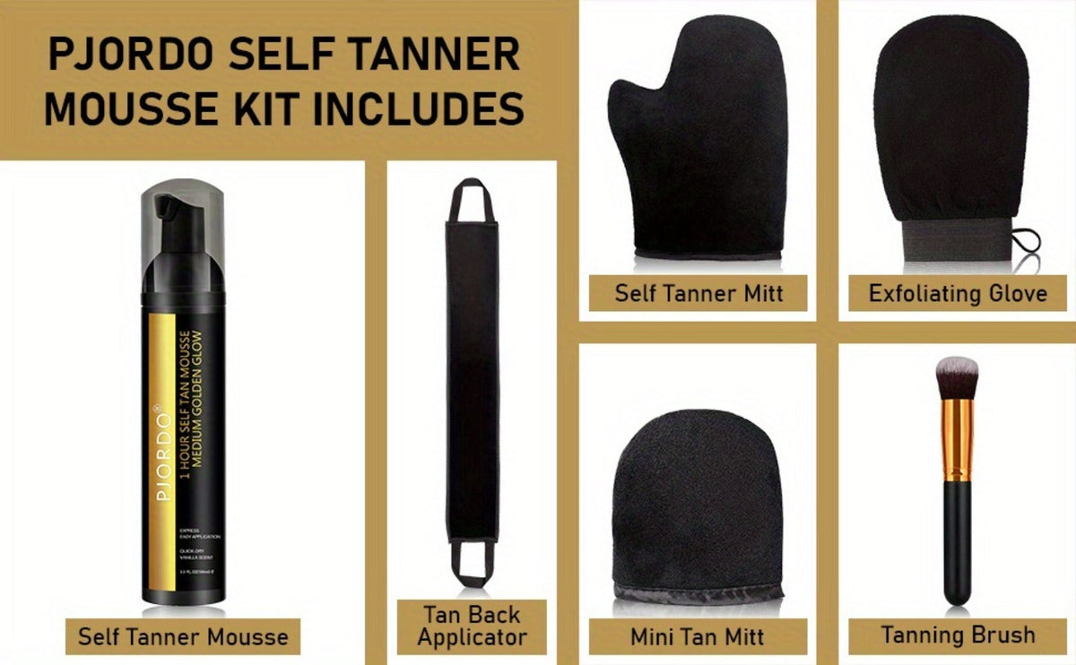 Sunless Tanning Mousse Kit 6-Piece Set with Mitt Applicator – Self Tanner Foam 1 Hour Fast Tan No Fake Smell — image 10