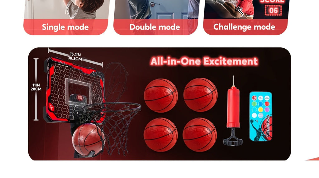 Indoor Basketball Hoop for Kids Over the Door, Light Up LED Scoreboard 4 Balls Air Pump 3 Game Modes 7 Light Shows — image 17