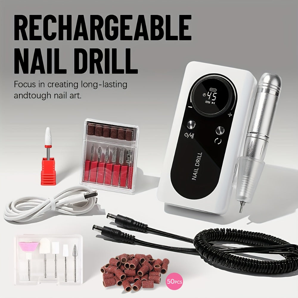 Low Noise Nail Drill Machine 45000RPM Rechargeable with LCD Display – Quiet Electric E-File for Gel Polish Acrylic Natural Na