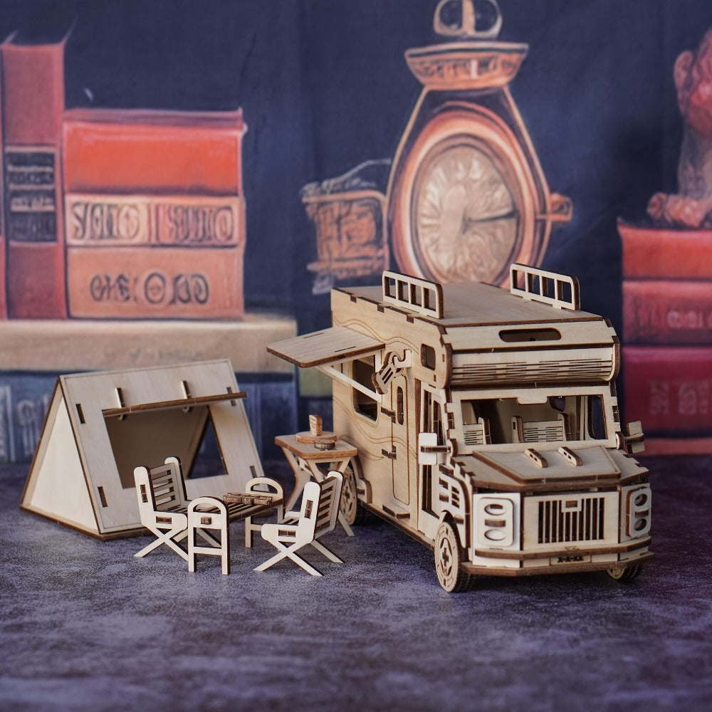 Wooden RV 3D Puzzle Model Kit with Motorhome Body, Fold-Out Side Panels and Miniature Camping Furniture — image 5