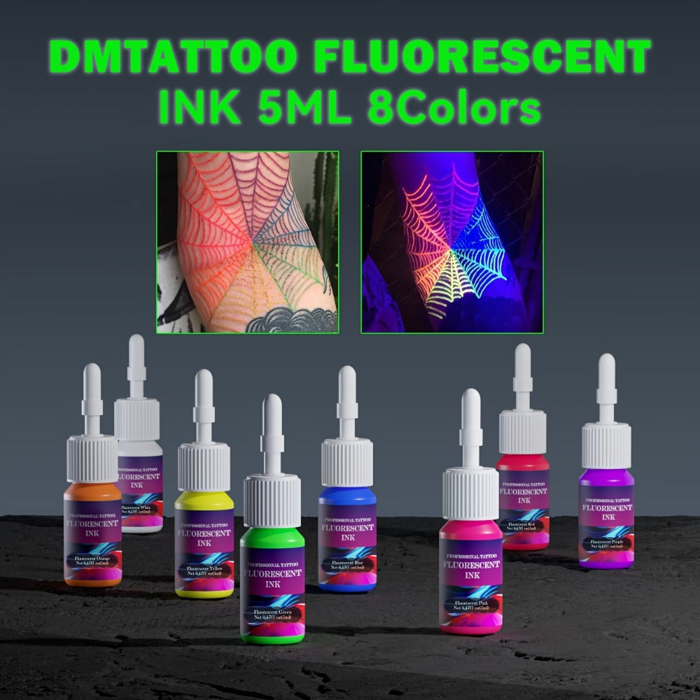 Tattoo Ink DMTATTOO UV Blacklight Set with Eight 5ml Bottles in White, Red, Orange, Green, Yellow, Purple, Blue and Pink — im