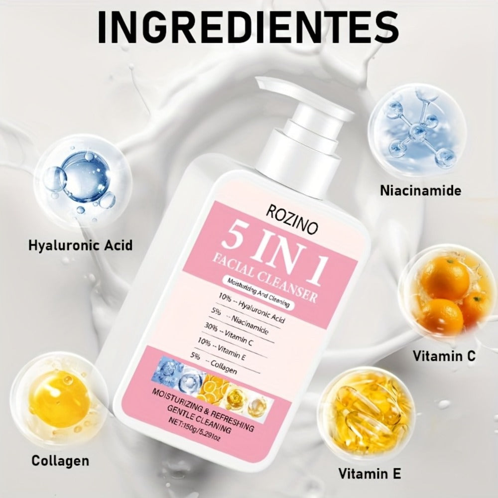 Brightening Face Wash 5-in-1 with Hyaluronic Acid Niacinamide Vitamin C Vitamin E & Collagen – Rich Foam Deep Cleansing Moist