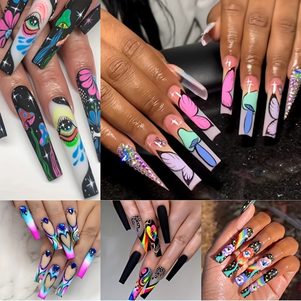 Press On Nails 120-Piece Extra-Long Five-Box Cosmic Eye Rhinestone Matte Floral Stripe Set with Glue — image 2