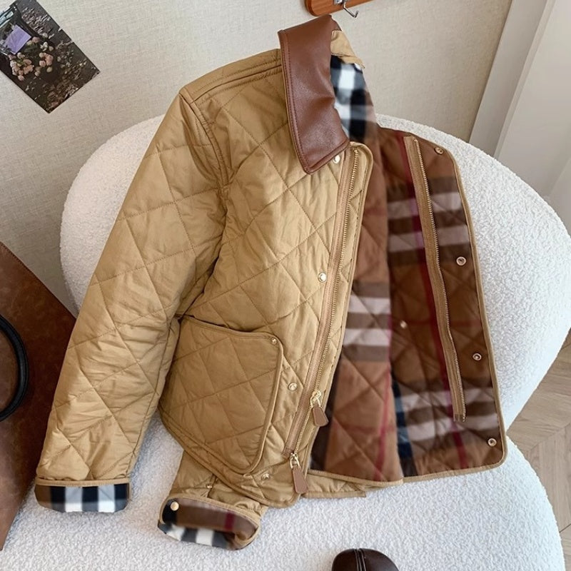 Retro Plaid Stitching Leather Lapel Cotton Coat Jacket Women