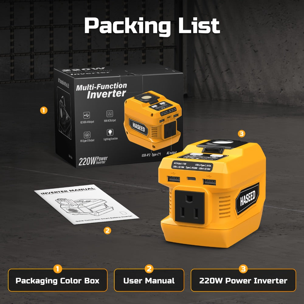 Portable Power Inverter 200W – DeWalt 20V Battery Compatible, DC to AC 110V, 2 USB + Type-C Fast Charging, 400LM Work Light, 