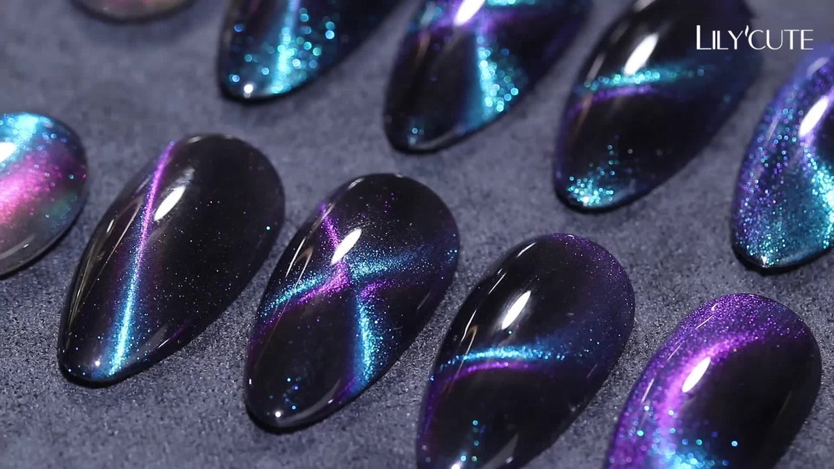 Gel Nail Polish 8-Piece Aurora Magnetic Cat-Eye Set with Black-Crystal Glitter and 3D Light-Shifting Finish for UV/LED Cure —