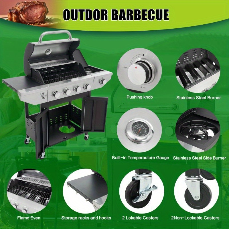 Propane Gas Grill Stainless Steel 3 & 4 Burner Outdoor BBQ Grill with Side Burner, Grill Cover & 344 Sq In Cooking Surface — 