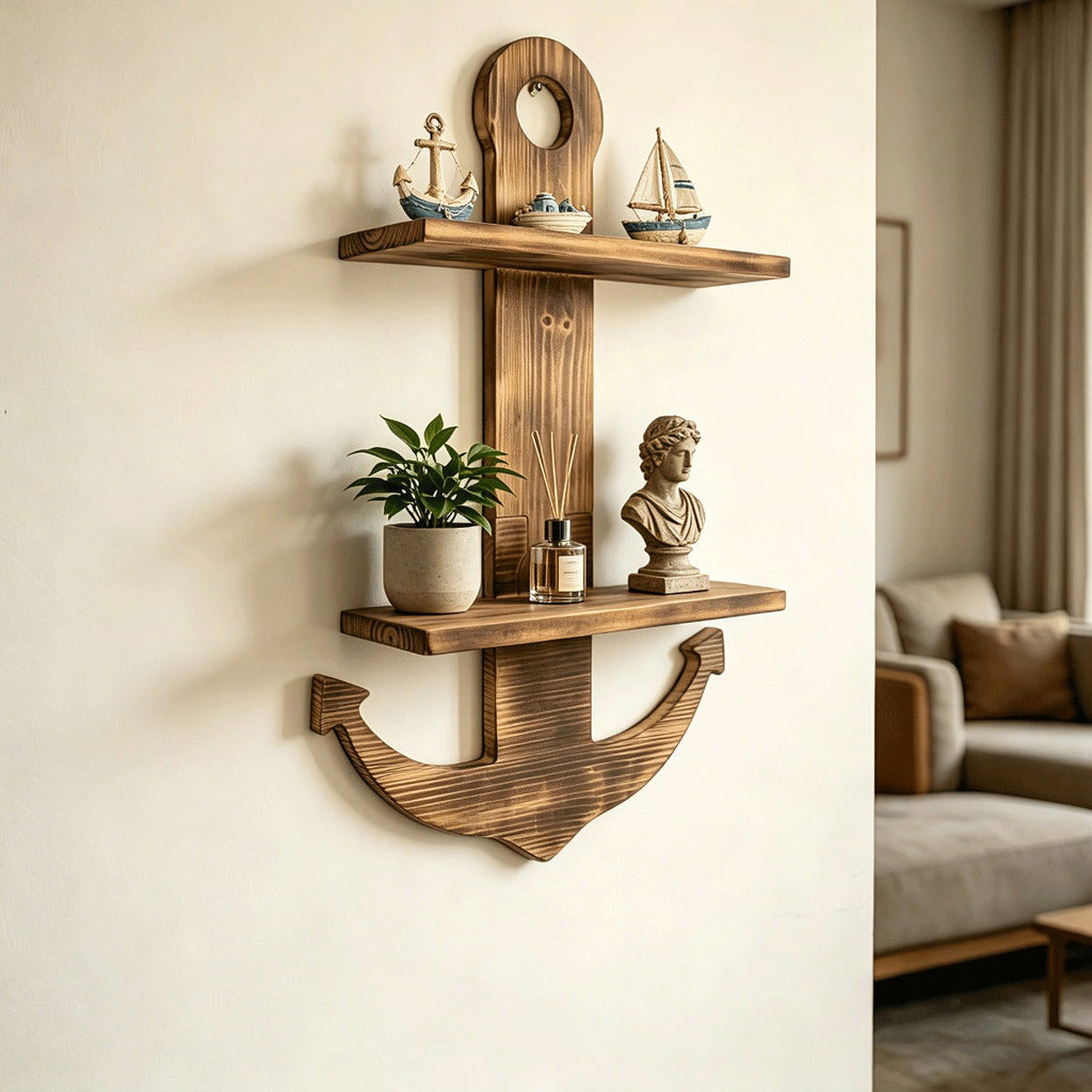 Floating Wall Shelves Solid Wood 2-Tier Nautical Anchor Shelf Handcrafted Heavy Duty Wall Mounted Organizer for Bedroom Livin