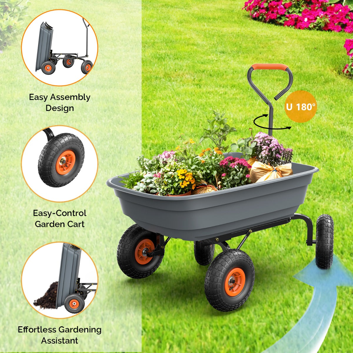 Garden Cart Dump Wagon, 4-Wheel Poly Cargo Cart with 2-in-1 Handle for Garden, Farm, Lawn and Yard Hauling — image 4