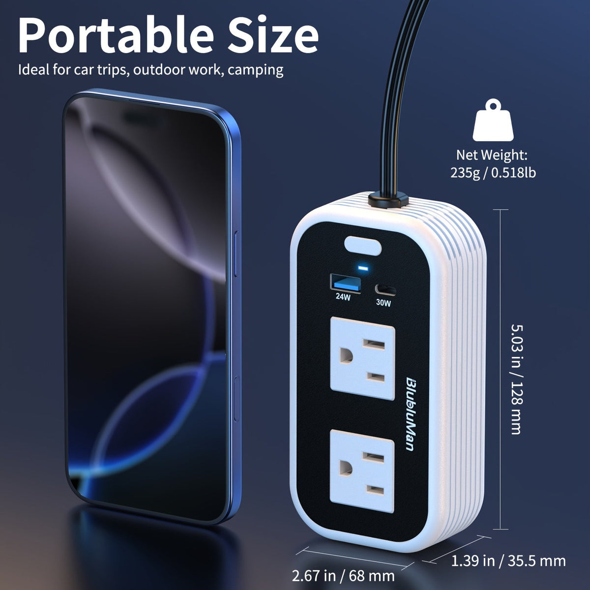 White-and-Black 200W Car Power Inverter with Two AC Outlets, 30W PD USB-C and 24W QC3.0 Ports — image 3