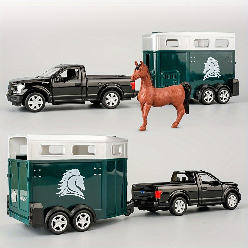 RMZCity 1:36 Scale Zinc Alloy Pull Back Car with Horse Trailer & Horse Vehicle, Openable Doors Diecast Toy Set for Kids & Adu